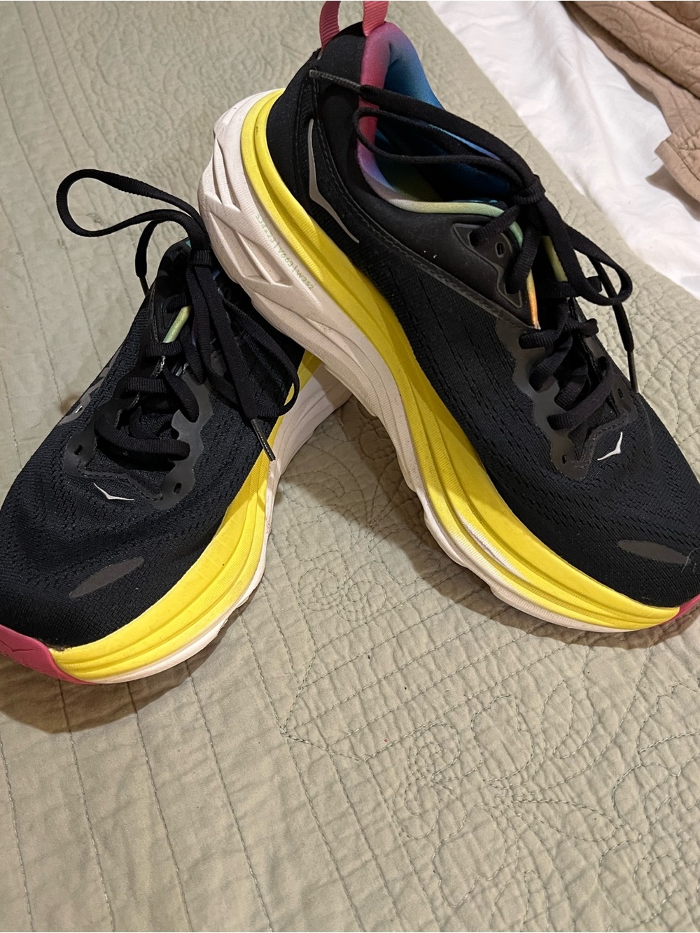 Hoka Women's Black and Yellow Cushioned Running Sneakers with Colorful Accents